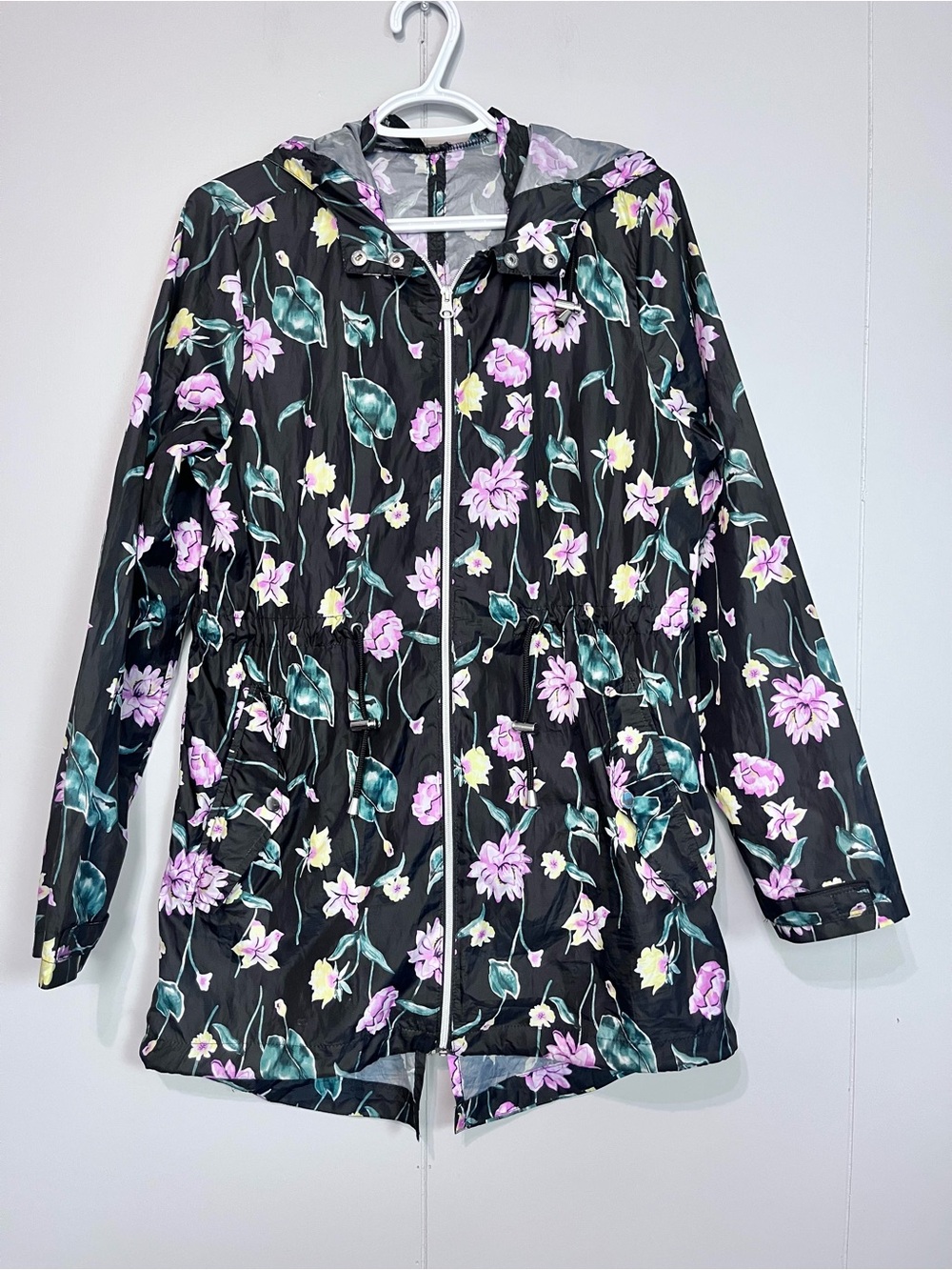 mySTYLE Floral Hooded Windbreaker Jacket - Black with Pink & Teal Flowers